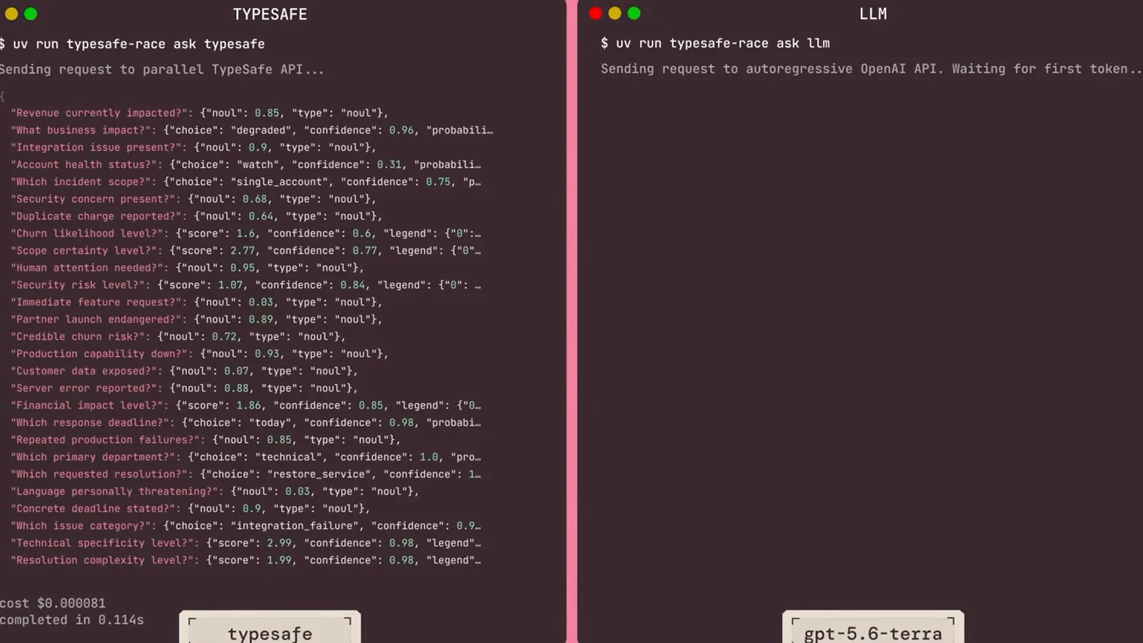 Split terminal comparing a TYPE panel that returns every answer at once with an LLM panel still waiting for its first token Split terminal comparing a TYPE panel that returns every answer at once with an LLM panel still waiting for its first token