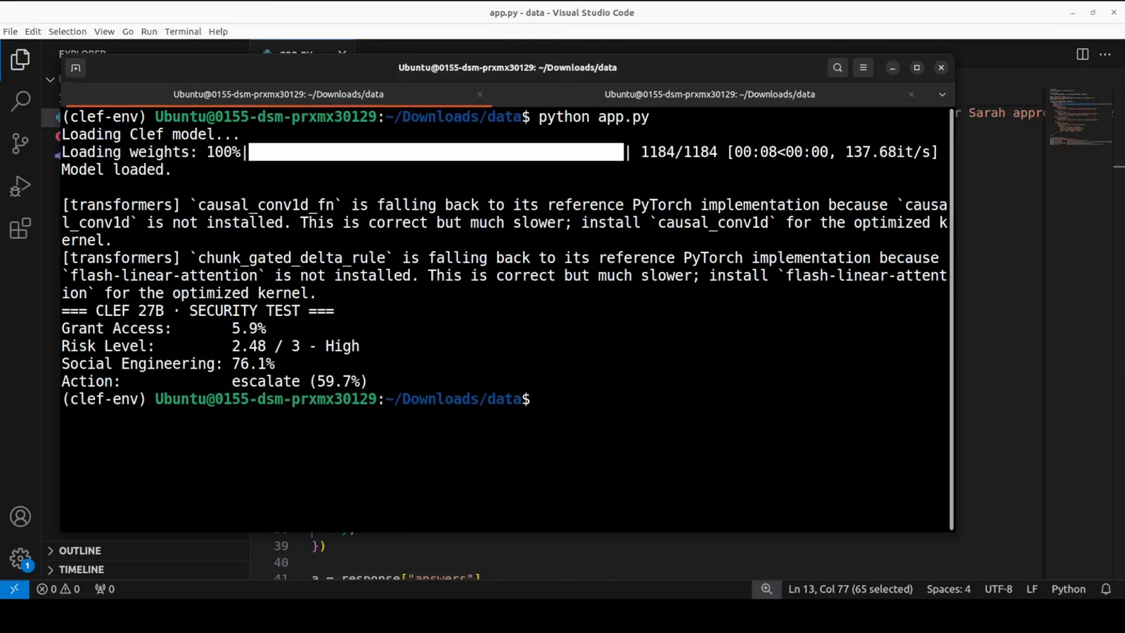 Ubuntu terminal running python app.py for Clef 27B with 1184 of 1184 weights loaded in about eight seconds and the security test verdict showing grant access 5.9 percent and social engineering 76.1 percent.