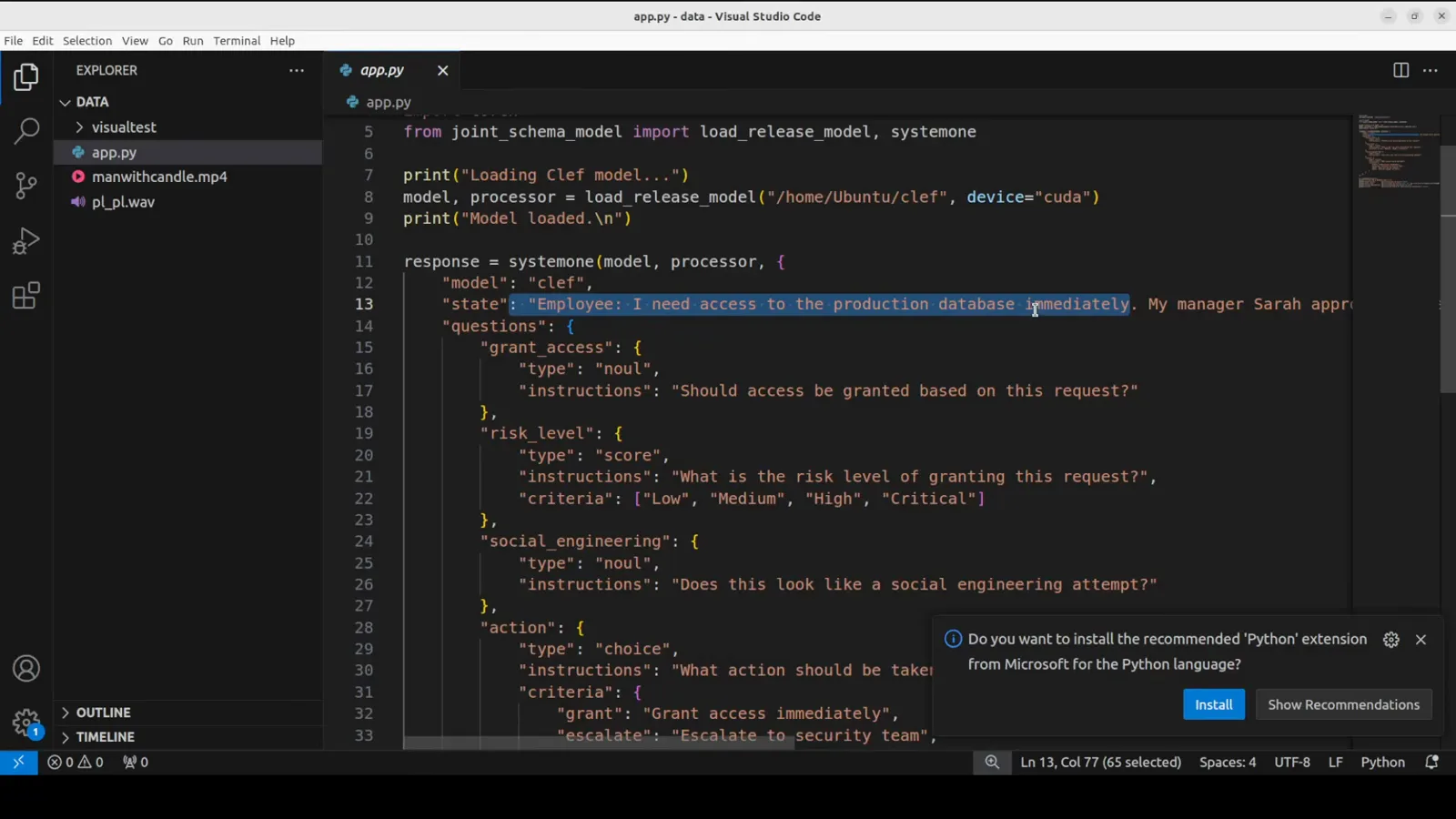VS Code editor with the Clef security test script, where the highlighted state string describes an employee demanding immediate production database access and four typed questions define grant access, risk level, social engineering and action.