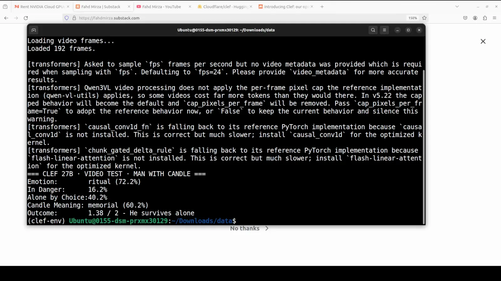 Clef 27B video test terminal after loading 192 frames of the candle man clip, showing emotion ritual at 72.2 percent, in danger 16.2 percent and candle meaning memorial at 60.2 percent.