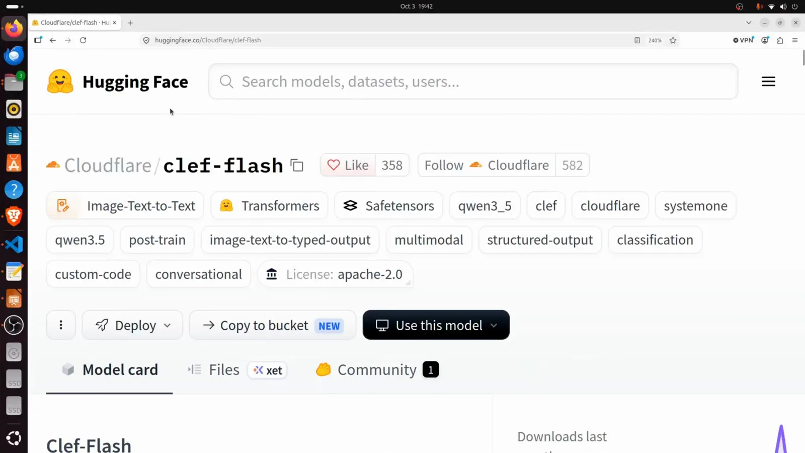 Hugging Face repository page for Cloudflare/clef-flash with Apache-2.0 license, Image-Text-to-Text pipeline tag, and 358 likes at recording