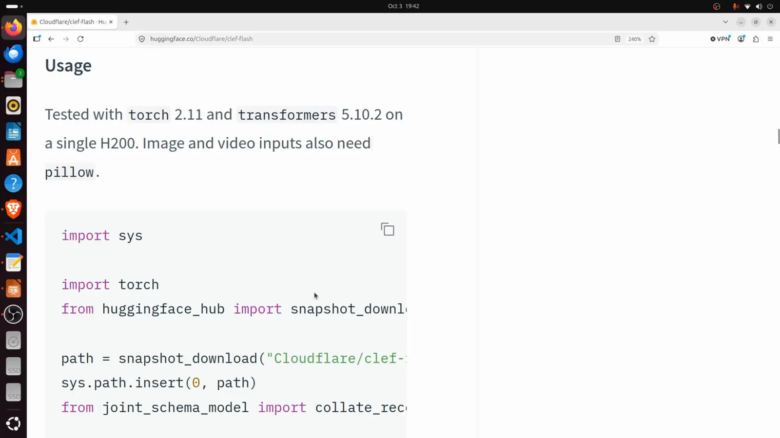 Usage section of the Cloudflare clef-flash model card stating it was tested with torch 2.11 and transformers 5.10.2 on a single H200 and needs pillow for image inputs