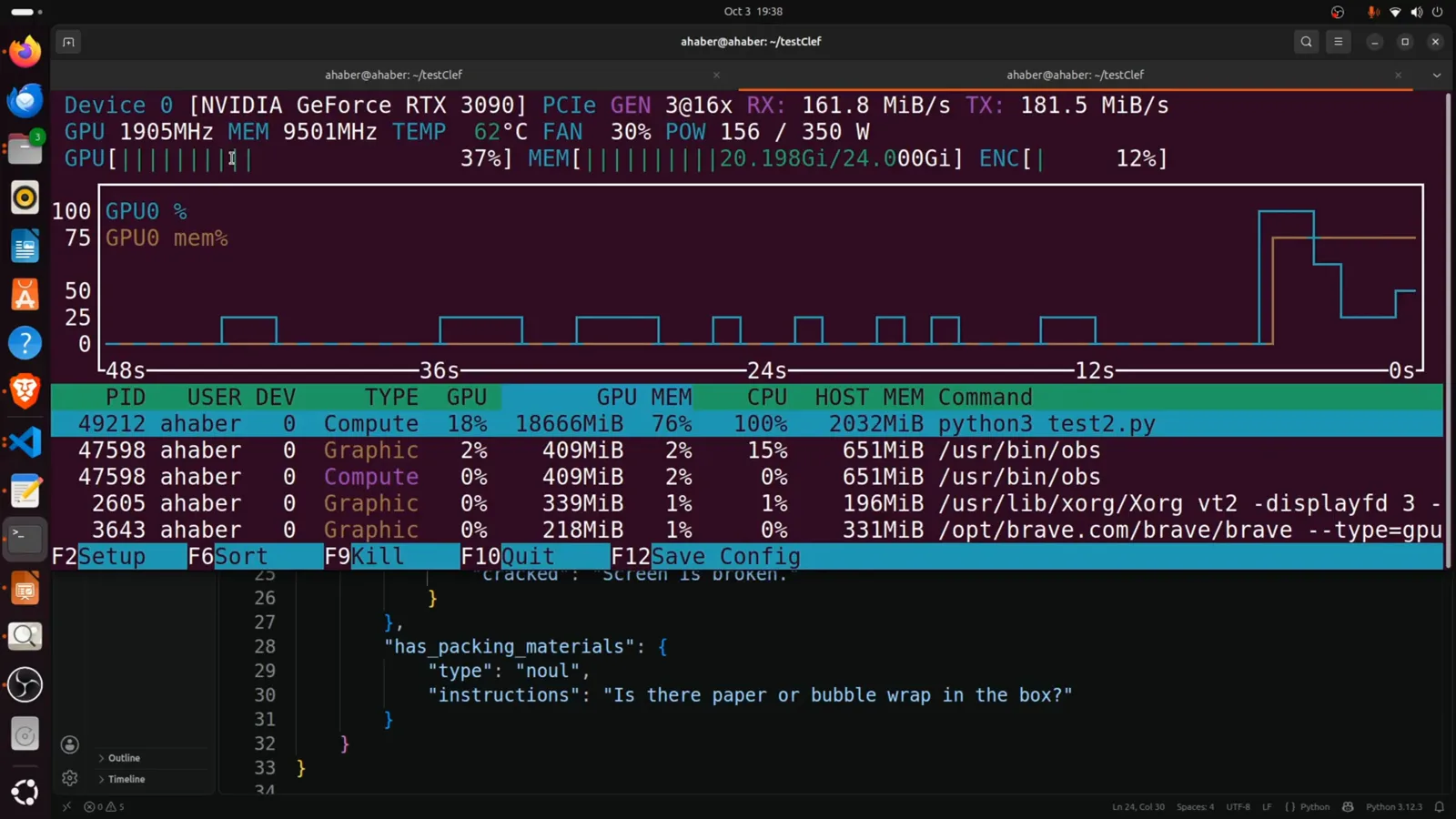 nvtop showing NVIDIA GeForce RTX 3090 with the python3 test2.py process using 18666 MiB of the 24 GB card while running Clef-Flash locally