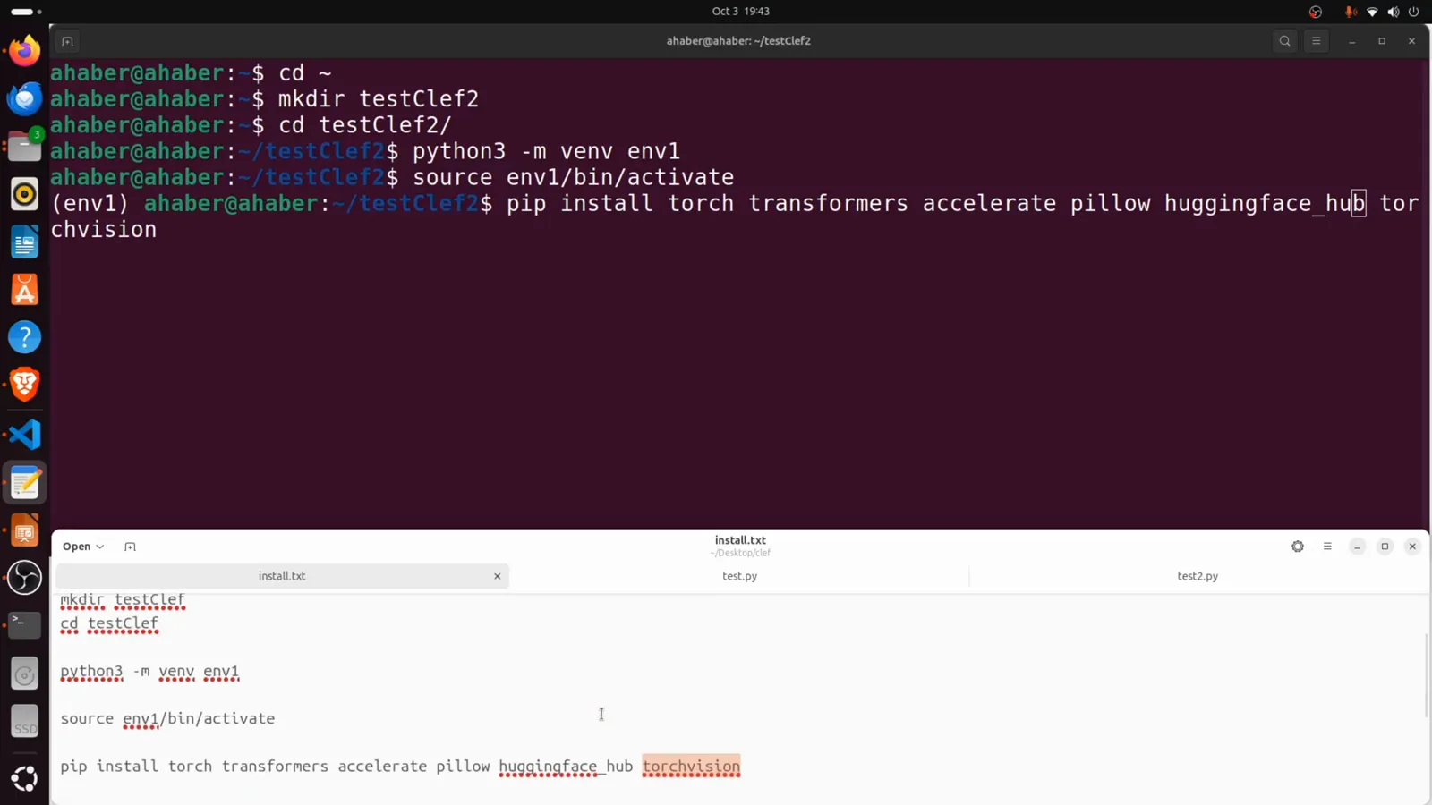 Ubuntu terminal in the testClef2 workspace with env1 activated running pip install torch transformers accelerate pillow huggingface_hub torchvision for Clef-Flash