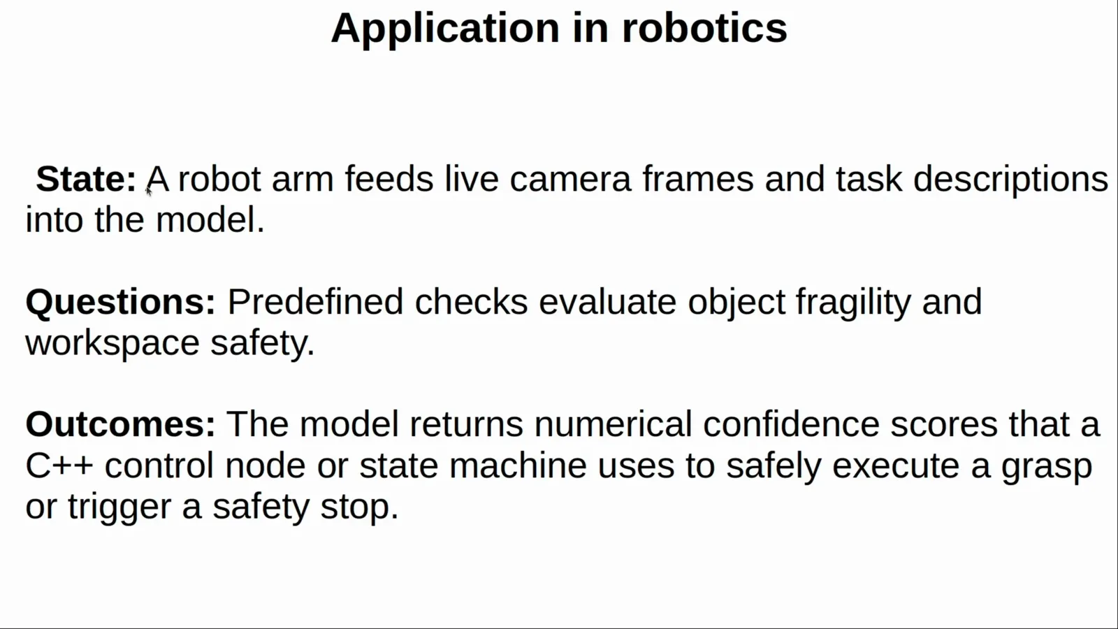 Application in robotics slide describing a robot arm feeding live camera frames to Clef-Flash with a C++ control node consuming the confidence scores for safe grasping