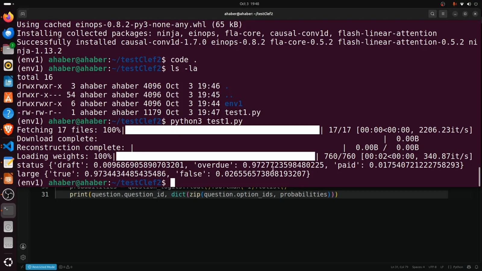 python3 test1.py output scoring the Acme invoice question with overdue at 0.9727 and the 1000 USD threshold question true at 0.9734