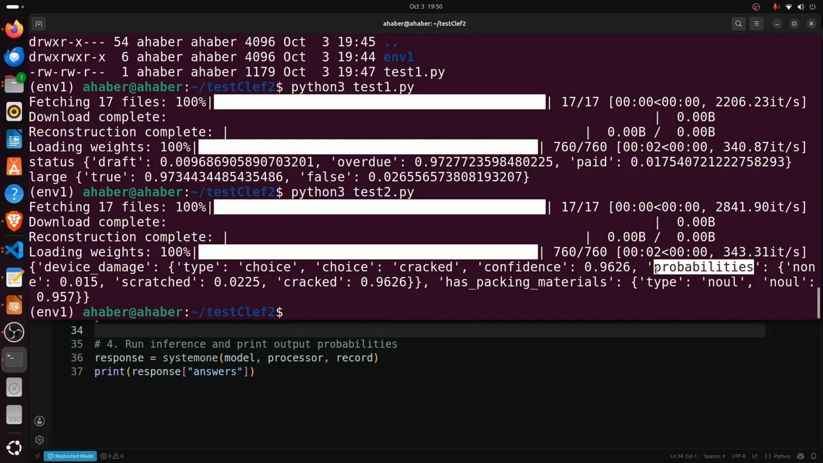 terminal printing Clef-Flash results with device_damage cracked at confidence 0.9626 and has_packing_materials noul 0.957 after python3 test2.py