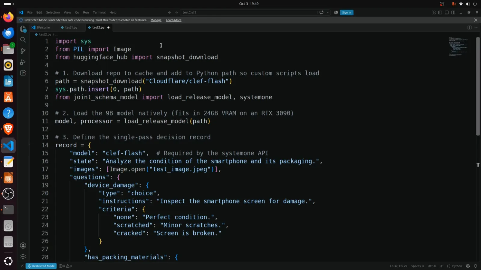 test2.py in VS Code calling snapshot_download Cloudflare/clef-flash and defining device_damage and has_packing_materials questions over test_image.jpeg