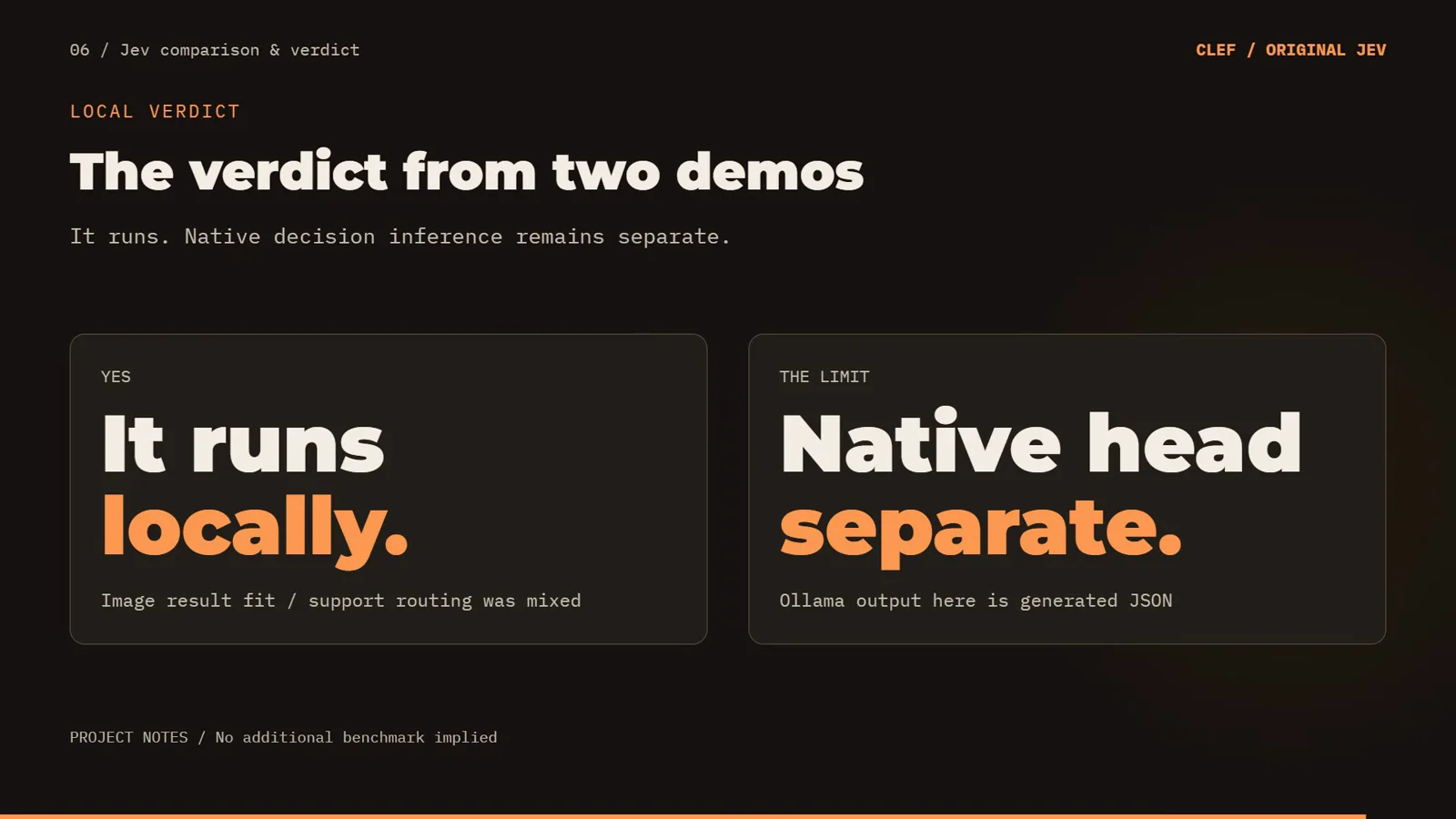 Verdict cards reading it runs locally with mixed support routing and native head separate because the Ollama output is generated JSON