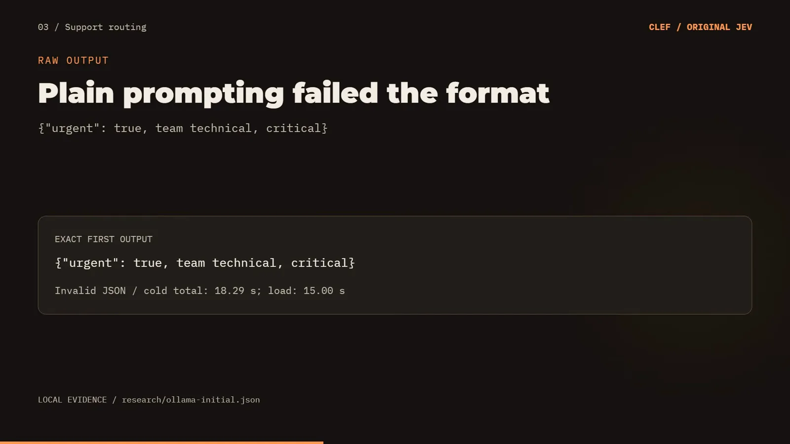 Raw output card showing the malformed first response with the urgent true team technical critical string and an invalid JSON note with a cold total of 18.29 seconds and 15.90 seconds of loading
