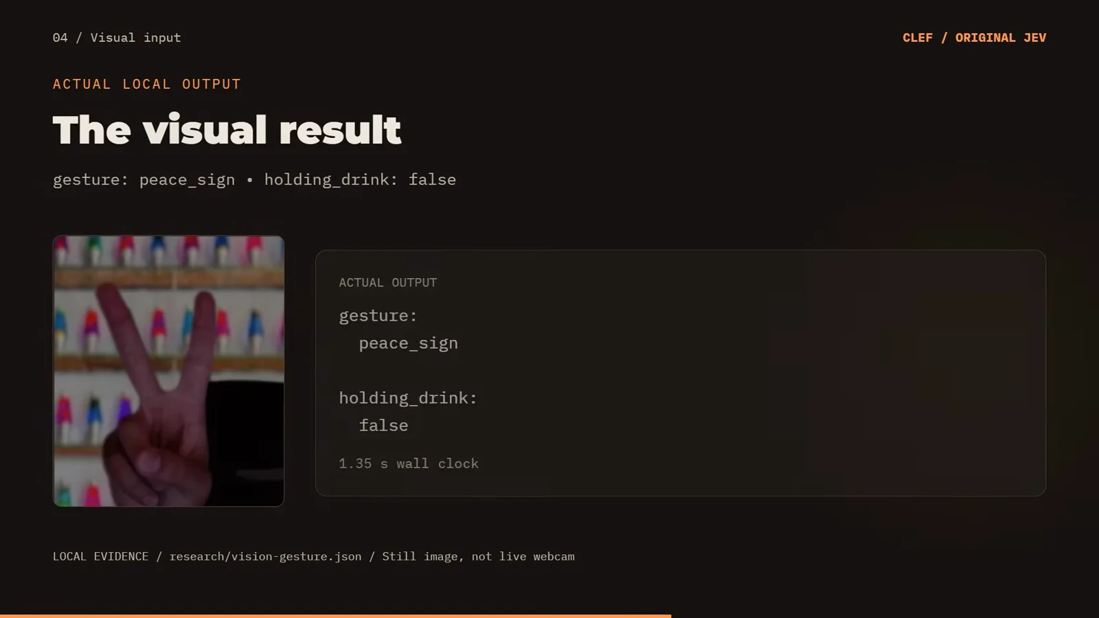 Visual result card over a cropped peace-sign photo returning gesture peace_sign and holding_drink false at 1.35 seconds