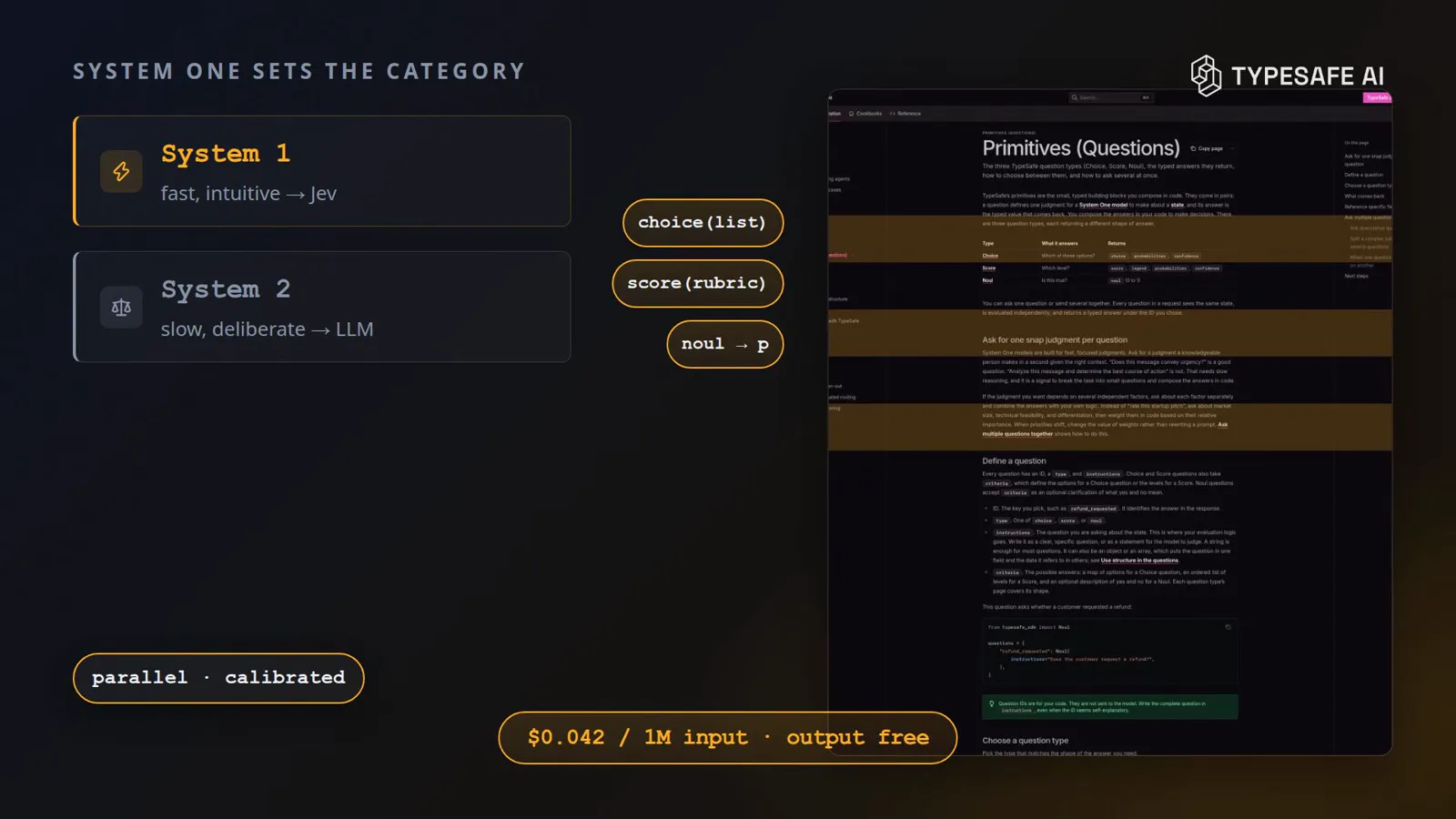 System one versus System two card mapping fast intuitive Jev against slow deliberate LLMs, with choice, score and noul chips and a gold pill reading $0.042 per 1M input tokens and free output.