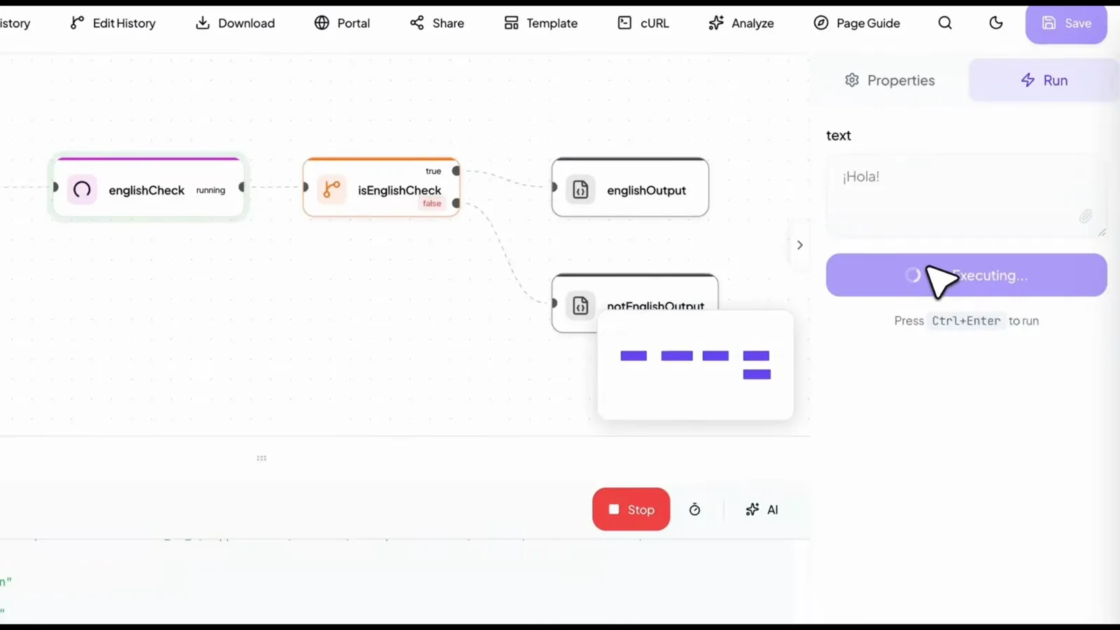 Heym language-check workflow running a Jev decision on the Spanish input “¡Hola!” before returning a result. Heym language-check workflow running a Jev decision on the Spanish input “¡Hola!” before returning a result.
