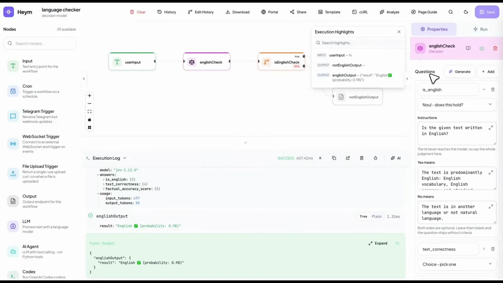 Heym Decision node returns an English language result with probability 0.98 and connects the Noul check to distinct output branches. Heym Decision node returns an English language result with probability 0.98 and connects the Noul check to distinct output branches.