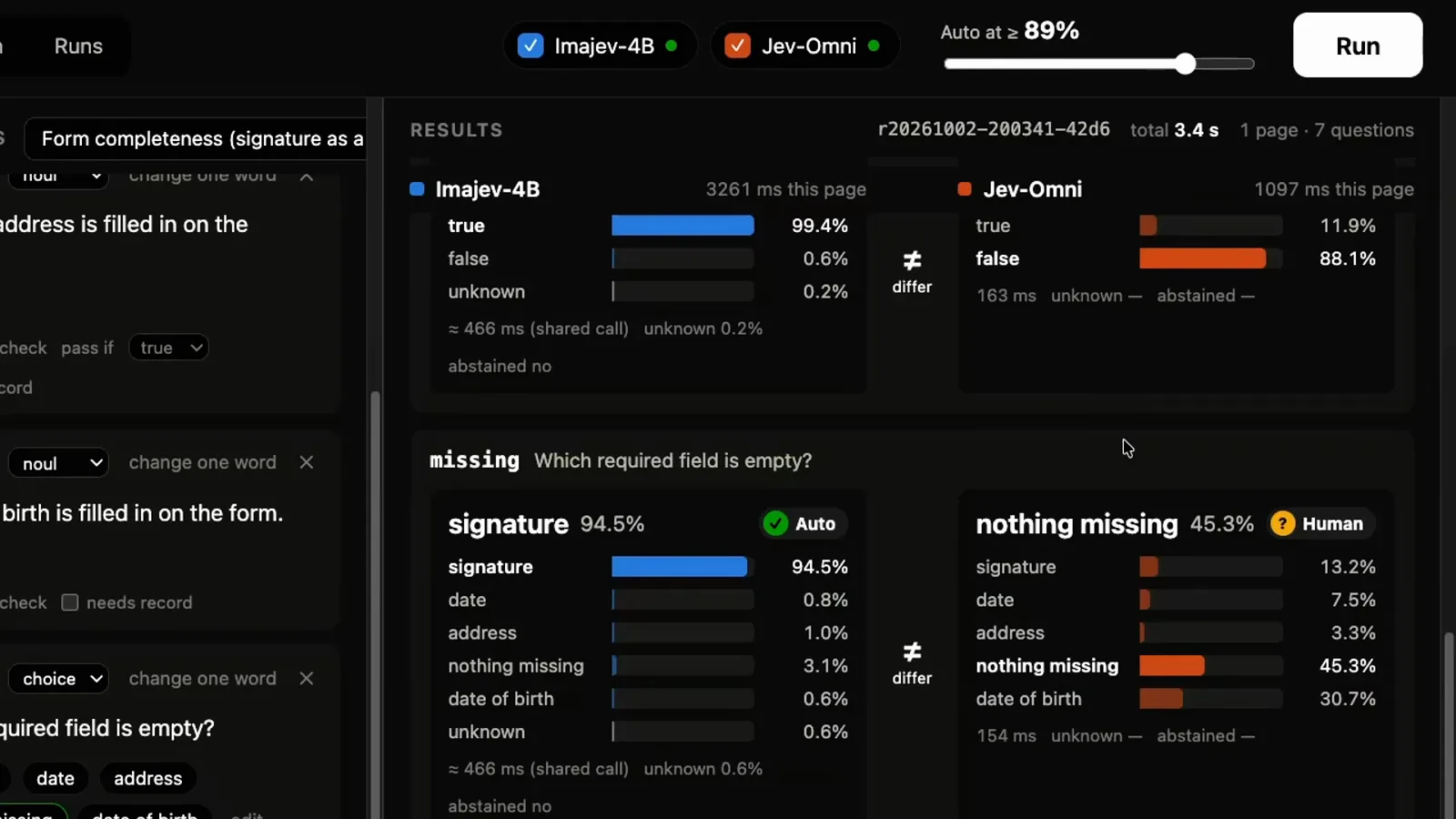 After a date of birth option is added to the missing question, Imajev-4B keeps answering signature at 94.5 percent while Jev-Omni drifts to nothing missing at 45.3 percent with date of birth second at 30.7 percent.