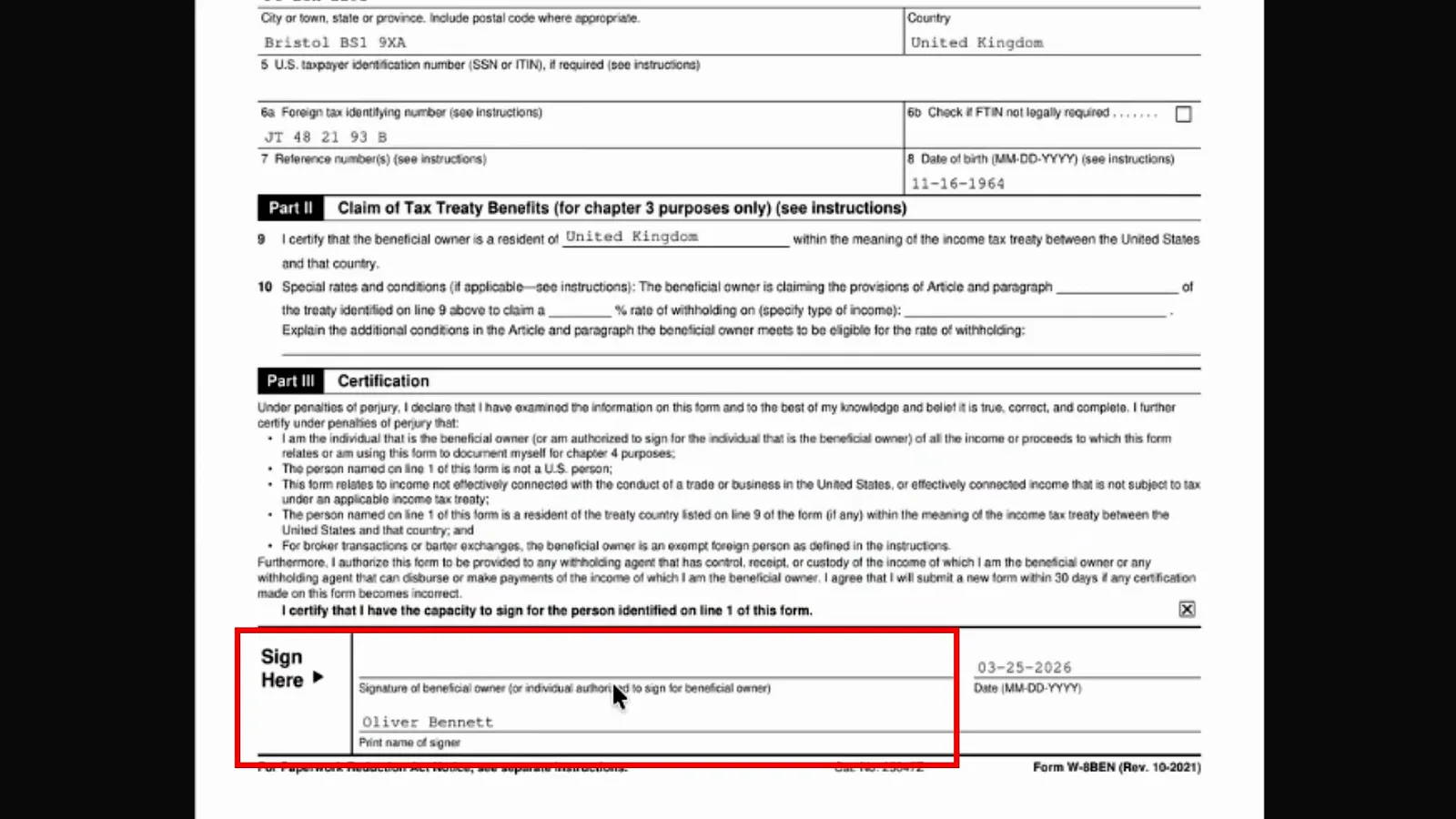 The demo’s W-8BEN tax form with the Sign Here box highlighted in red shows an empty signature line above the printed name Oliver Bennett and the date 03-25-2026.