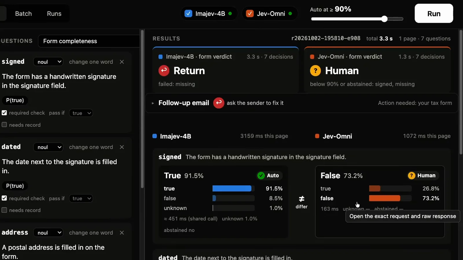 Form Decision Inspector results for the signed question show Imajev-4B answering true at 91.5 percent with an Auto badge while Jev-Omni answers false at 73.2 percent flagged Human under a 90 percent auto-accept slider.
