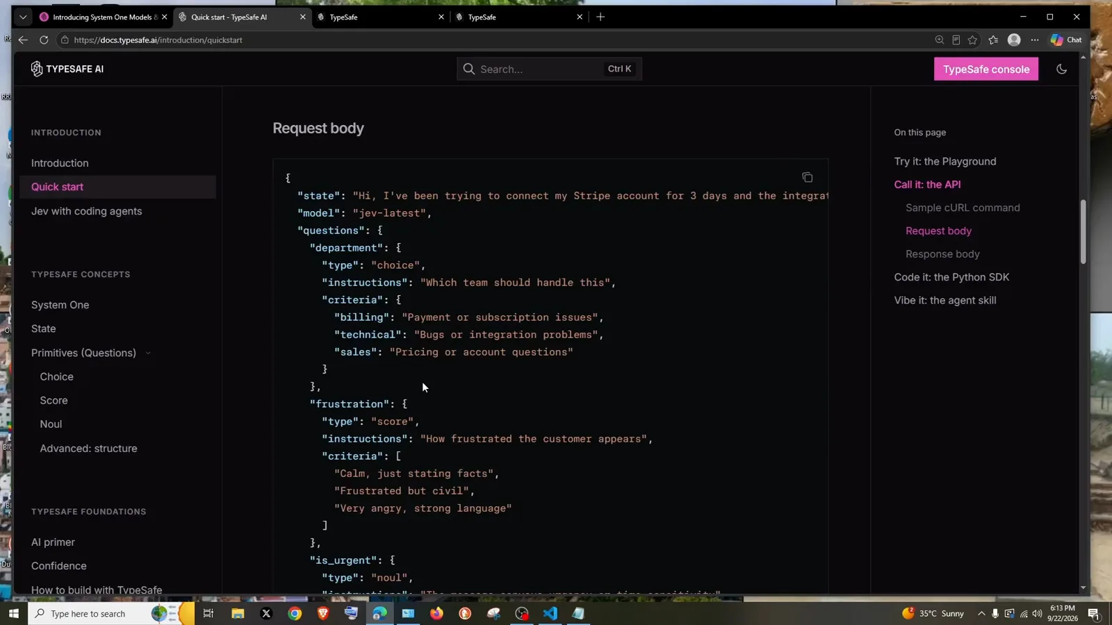 Jev request body example in the TypeSafe docs pairing a Stripe complaint state with department choice, frustration score and is_urgent noul questions. Jev request body example in the TypeSafe docs pairing a Stripe complaint state with department choice, frustration score and is_urgent noul questions.