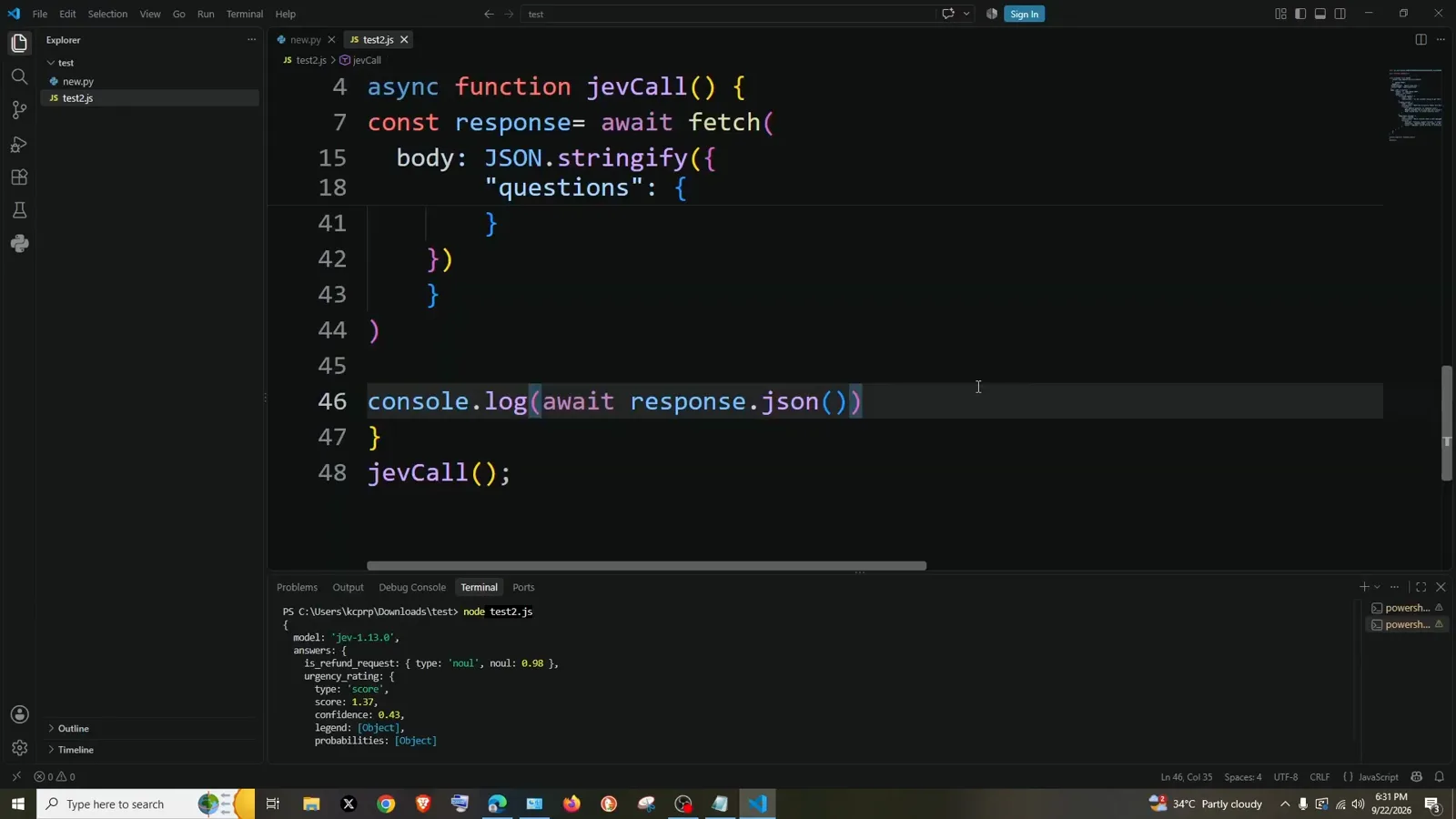 node test2.js terminal in VS Code printing an async jevCall fetch result with model jev-1.13.0, noul 0.98 and score 1.37 at confidence 0.43. node test2.js terminal in VS Code printing an async jevCall fetch result with model jev-1.13.0, noul 0.98 and score 1.37 at confidence 0.43.
