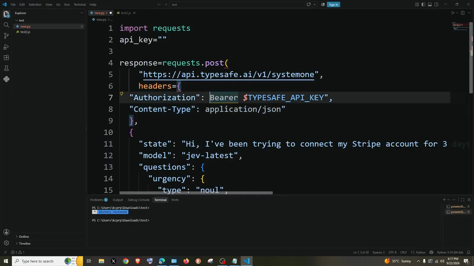 Python requests.post first call in VS Code new.py targeting api.typesafe.ai/v1/systemone with Authorization Bearer and Content-Type application/json headers. Python requests.post first call in VS Code new.py targeting api.typesafe.ai/v1/systemone with Authorization Bearer and Content-Type application/json headers.