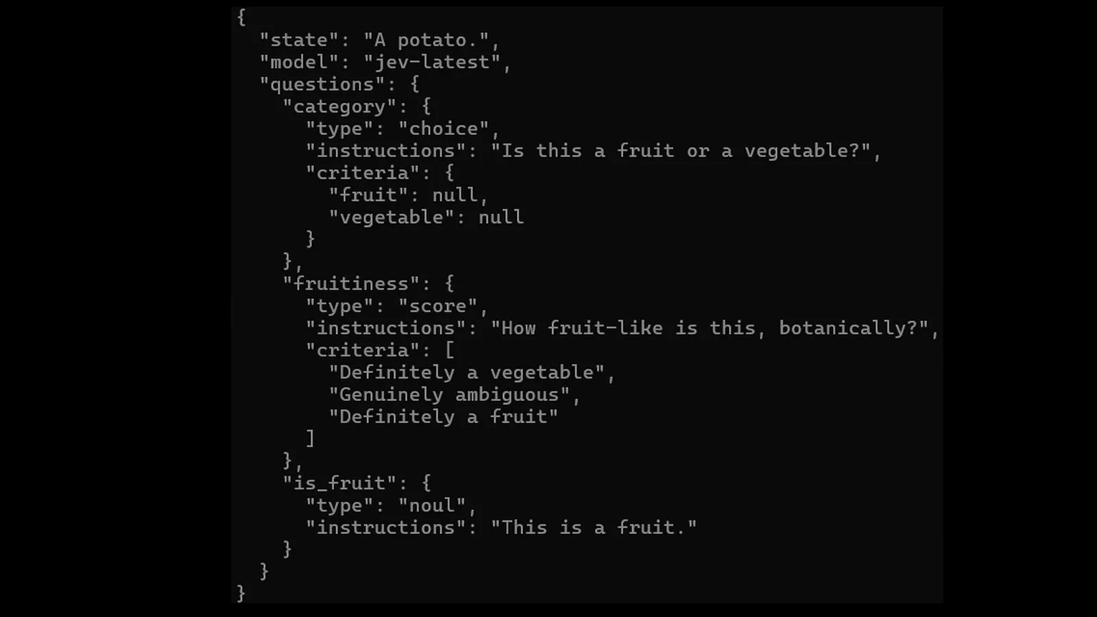 Structured Jev input schema listing state context plus Choice, Score, and Noul question primitives as software logic gates for typed probabilistic outputs.