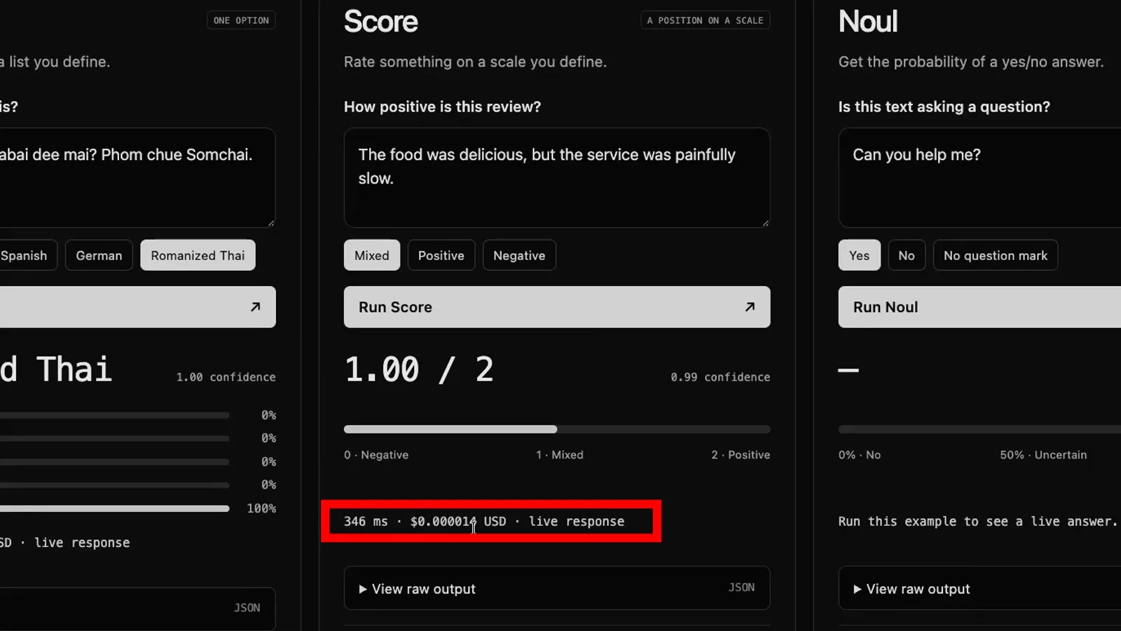 Raw Jev API JSON response exposing choice type French label, per-option probabilities array, and aggregate confidence score from an OpenRouter classification call.