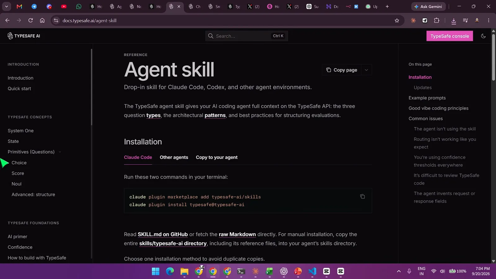 Typesafe agent skill documentation page for Claude Code showing the claude plugin marketplace add typesafe-ai/skills and claude plugin install typesafe@typesafe-ai commands