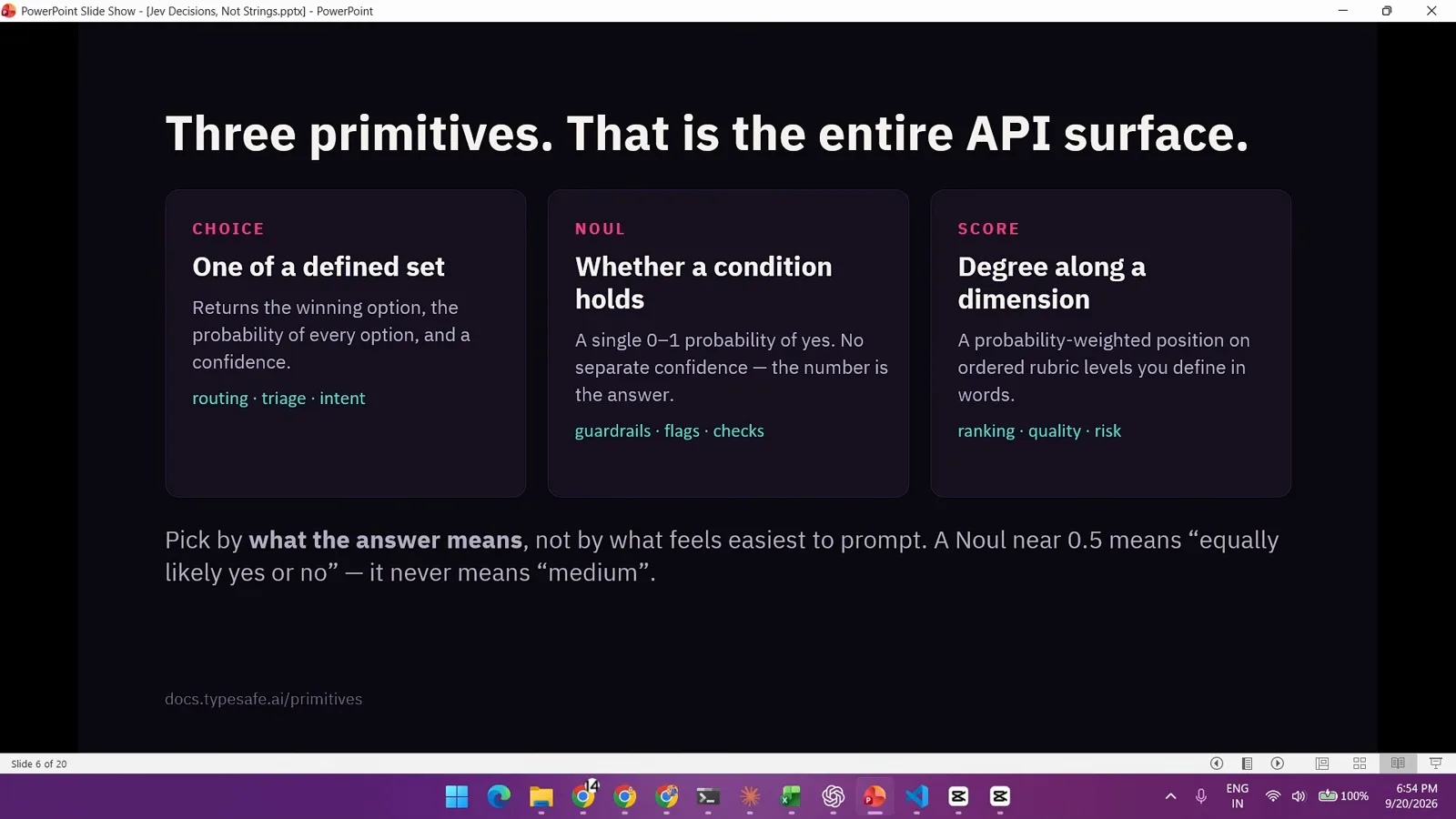 Typesafe slide presenting the three Jev primitives Choice, Noul and Score with their use cases and the rule that a Noul near 0.5 means equally likely, never medium