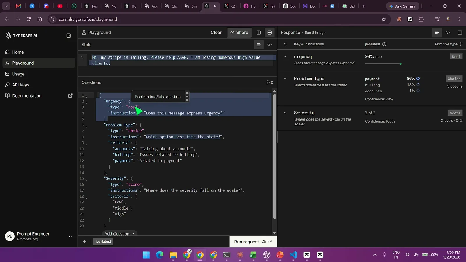 Typesafe AI playground showing a Stripe complaint state with urgency noul at 98 percent true, Problem Type choice on payment at 86 percent with 79 percent confidence, and Severity 2 of 2