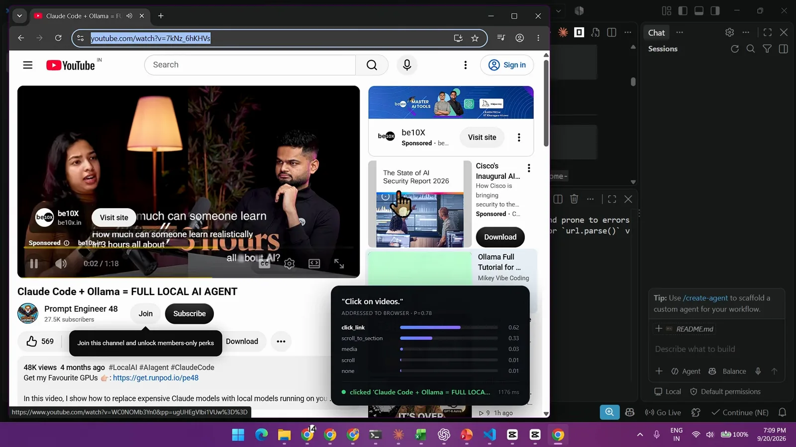 Voice command HUD over YouTube reading Click on videos addressed to browser at P 0.78 with click_link probability 0.62 and a confirmation the browser clicked in 1176 ms