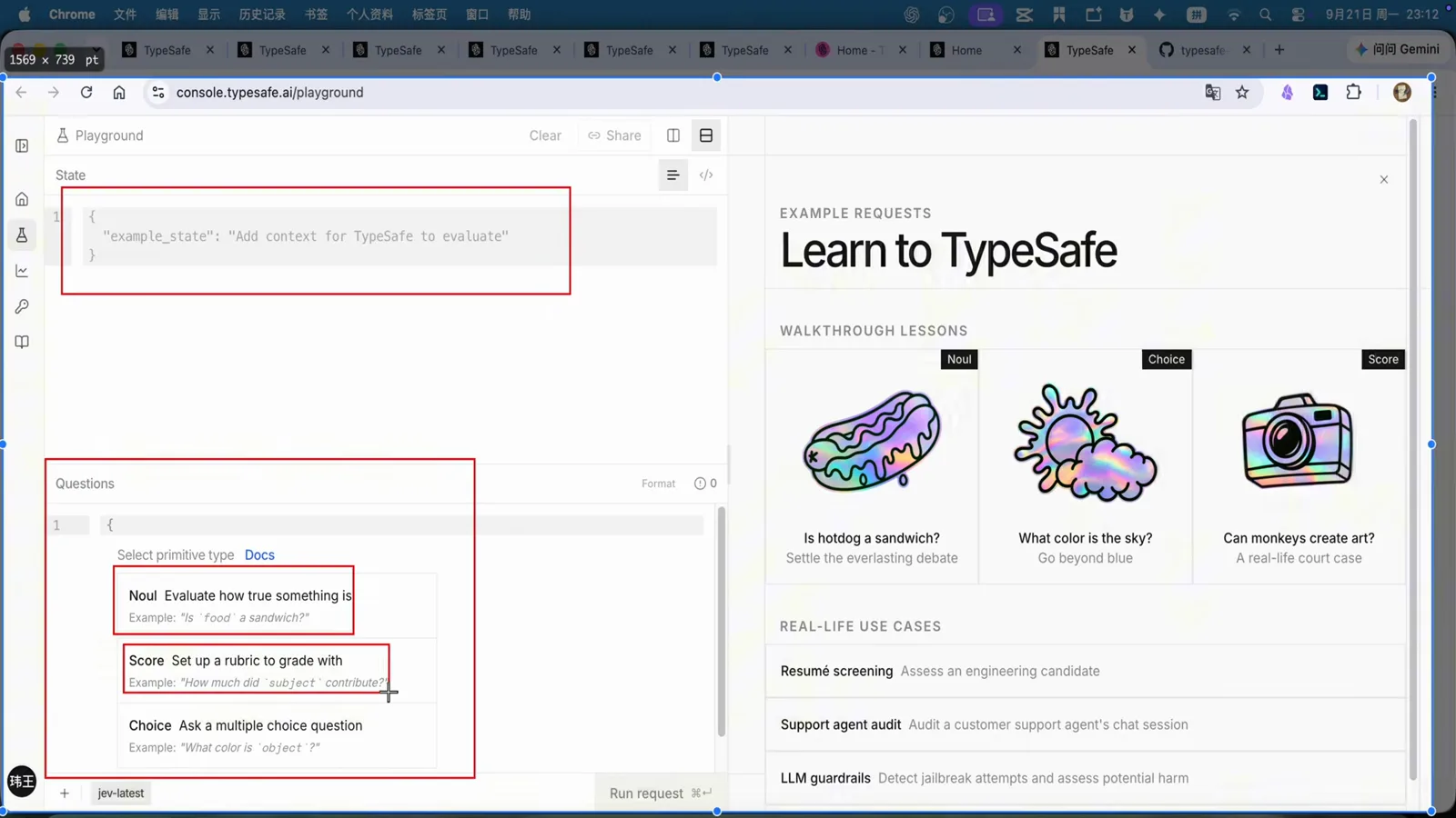 TypeSafe Playground example requests panel listing the three question types with lesson cards asking Is hotdog a sandwich, What color is the sky and Can monkeys create art TypeSafe Playground example requests panel listing the three question types with lesson cards asking Is hotdog a sandwich, What color is the sky and Can monkeys create art