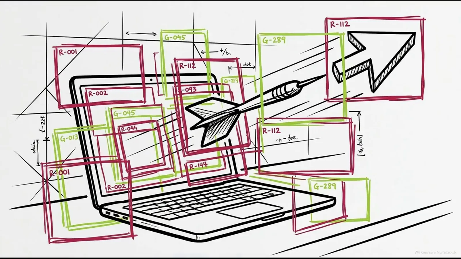 Laptop sketch covered in numbered red and green bounding boxes with a paper dart, representing Vision OCR and accessibility-tree detections recorded for offline debugging.