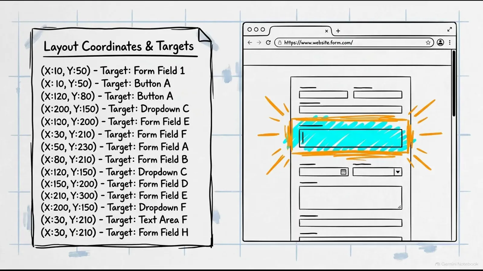 Layout coordinates and targets list mapping X/Y positions to form fields, buttons, and dropdowns next to a web form sketch with one field highlighted as the chosen target.