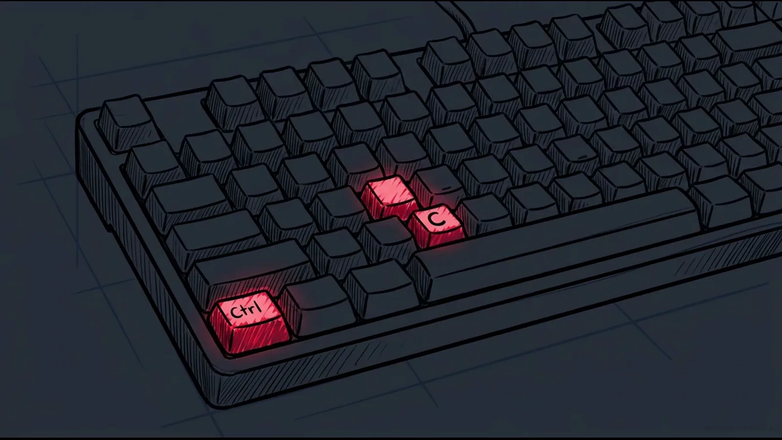 Dark keyboard illustration with the Ctrl and C keys highlighted in red, the keyboard interrupt that safely stops the typesafe-computer-use execution loop.