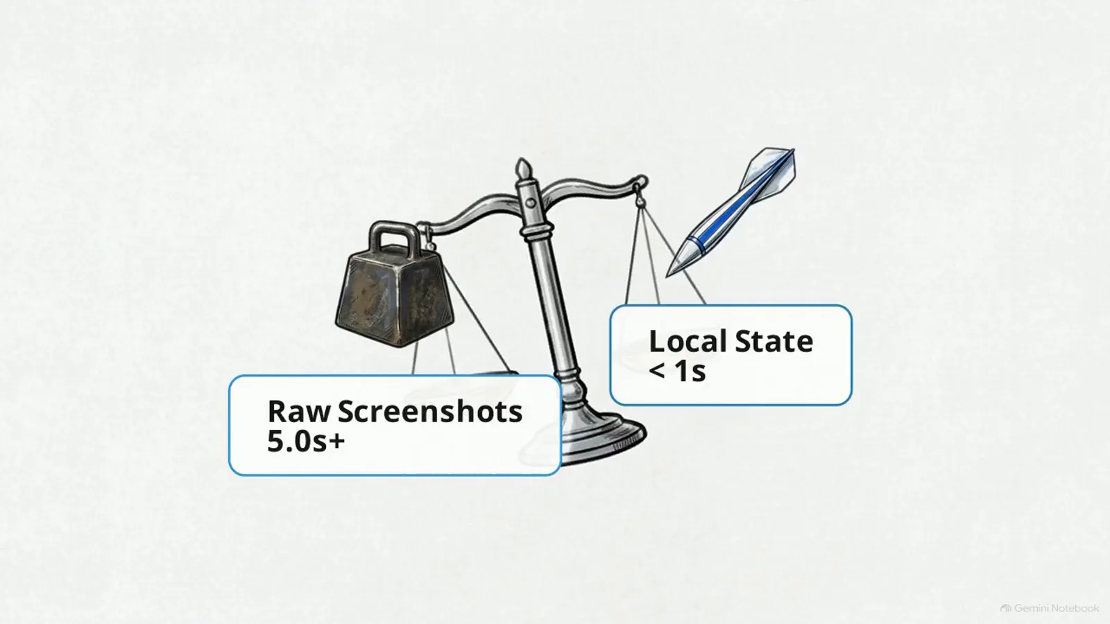 Whiteboard balance scale comparing raw screenshots at 5.0 seconds or more against local state under 1 second for desktop agent perception.