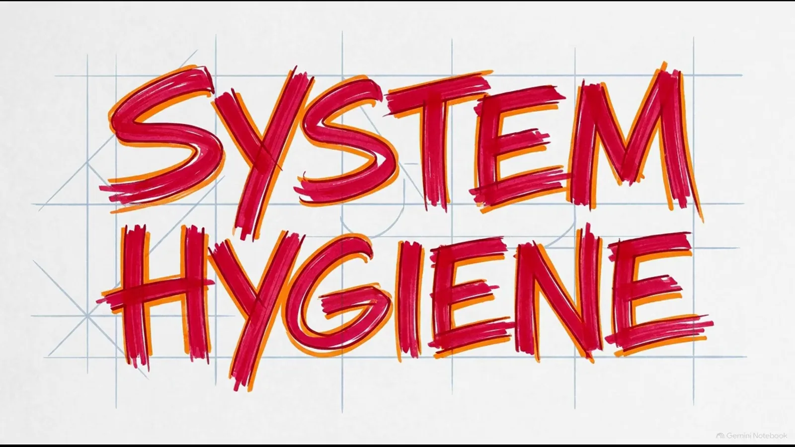 System hygiene headline hand-lettered in red marker above a whiteboard grid, the rule to clear terminal logs before starting typesafe-computer-use runs.