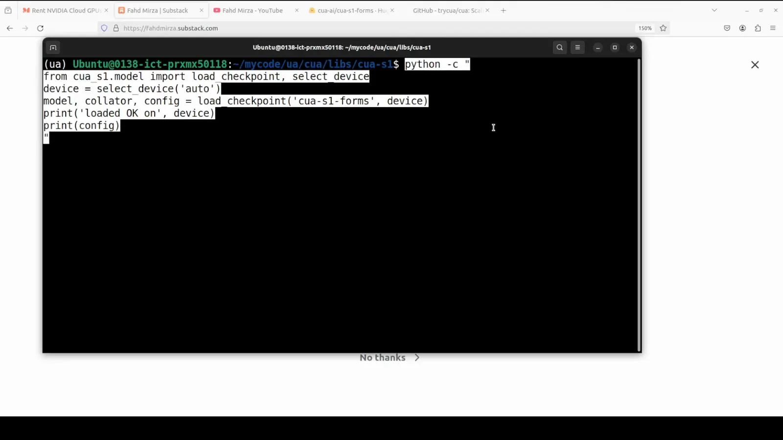 Terminal loading the cua-s1-forms checkpoint and printing a two-layer 128-wide four-head byte-level transformer config Terminal loading the cua-s1-forms checkpoint and printing a two-layer 128-wide four-head byte-level transformer config