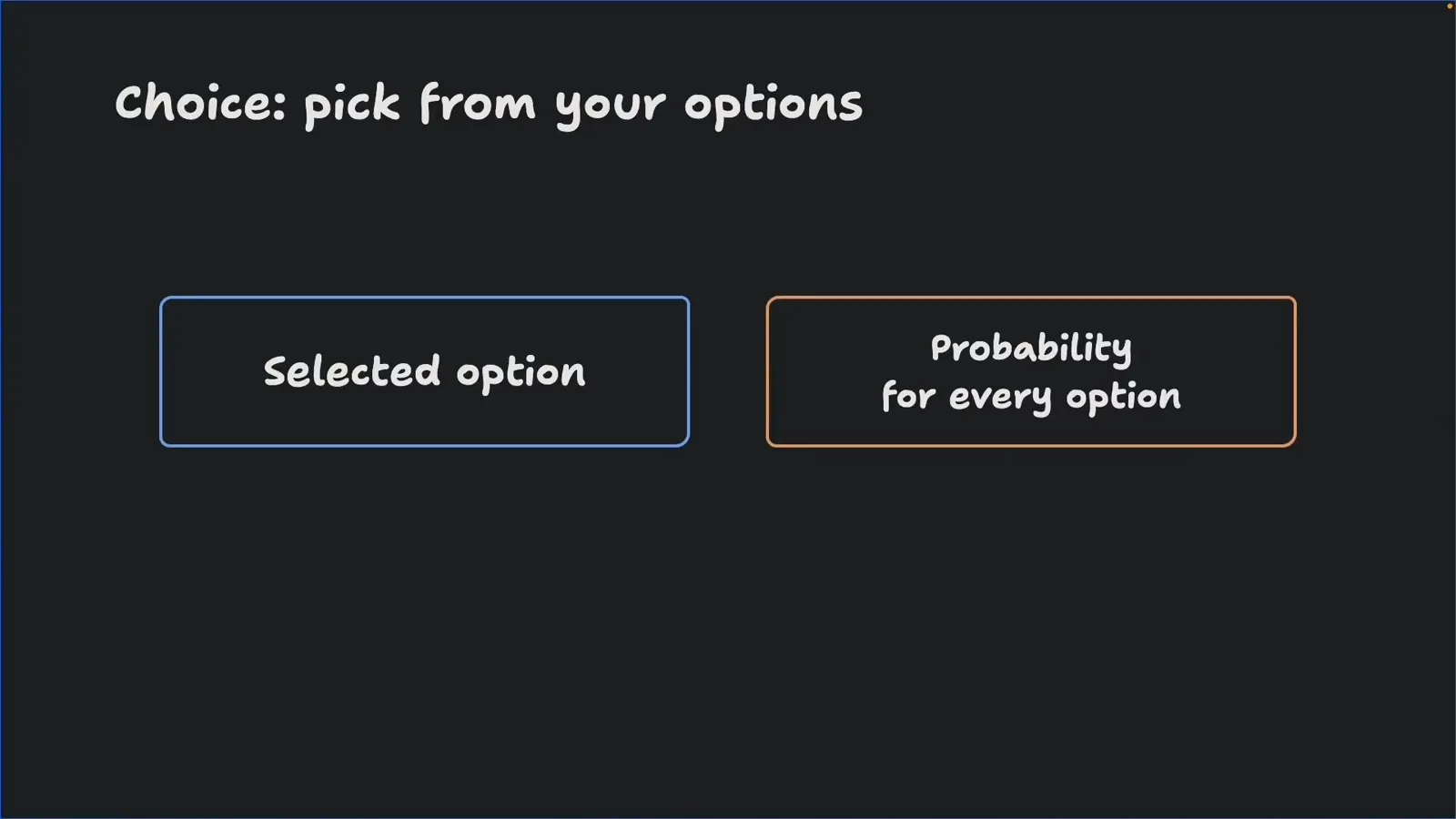 Choice question slide showing a selected option box and a probability for every option box, explaining that Jev returns the chosen label plus calibrated probabilities for all choices.
