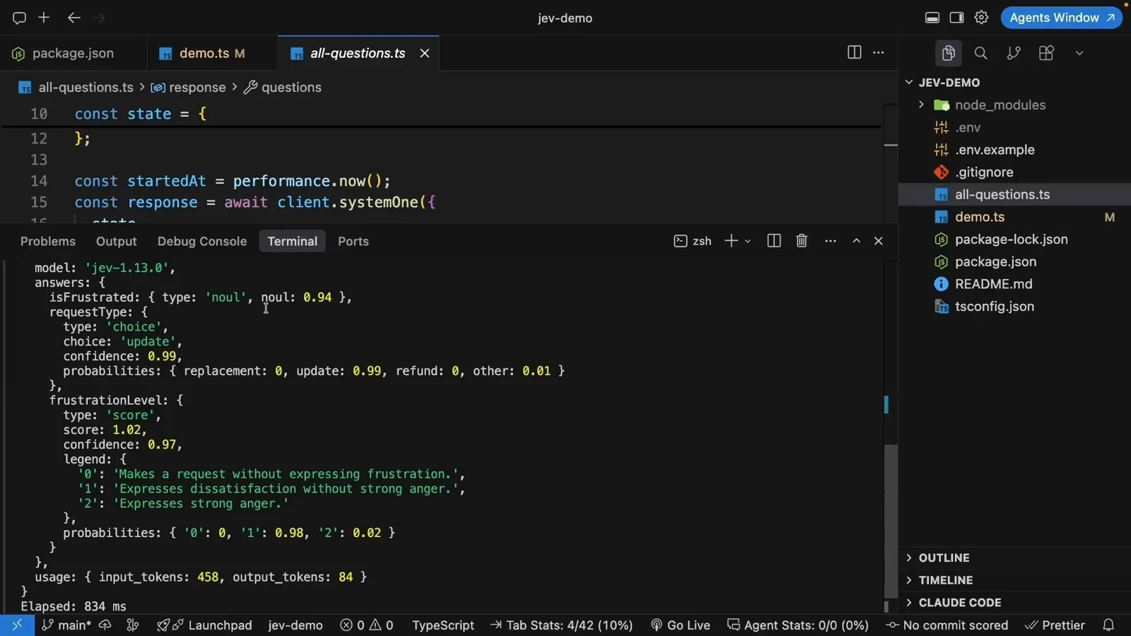 Terminal output from the Jev TypeScript demo showing model jev-1.13.0 with isFrustrated noul 0.94, requestType choice update at confidence 0.99, frustrationLevel score 1.02 at confidence 0.97, 458 input tokens, and 834ms elapsed.
