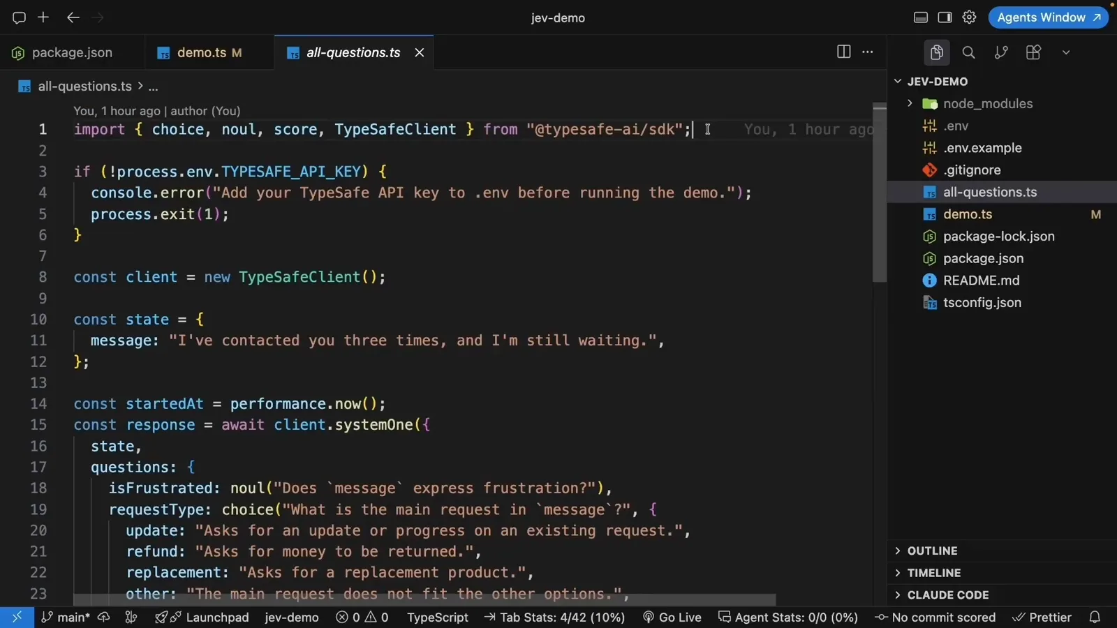 VS Code editor showing all-questions.ts with import of choice, noul, score, and TypeSafeClient from the typesafe-ai SDK, a state holding the contacted-you-three-times message, and a systemOne call with isFrustrated and requestType questions.