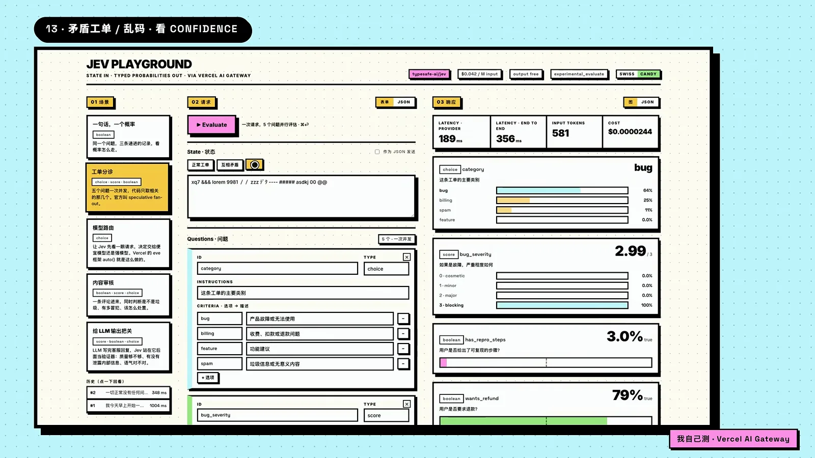 Feeding a gibberish ticket, the playground response panel still returns a fixed category choice but with visibly depressed confidence numbers — the cue for confidence-gated routing to a human reviewer.