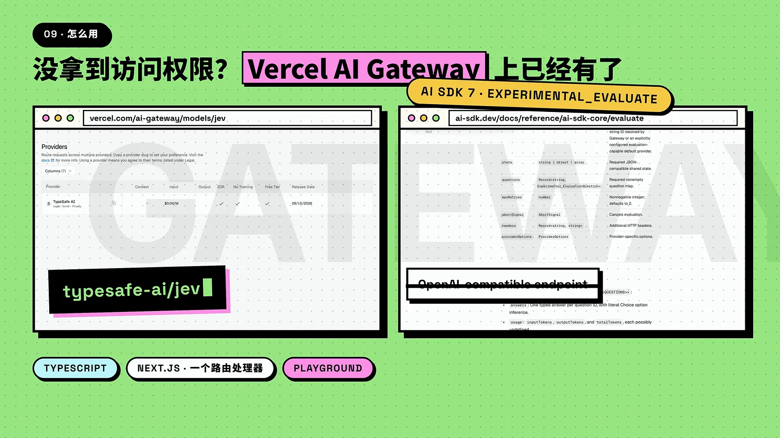 The Vercel AI Gateway access card lists model ID typesafe-ai/jev with a badge restricting calls to AI SDK 7’s experimental_evaluate while the OpenAI-compatible endpoint option is struck through.