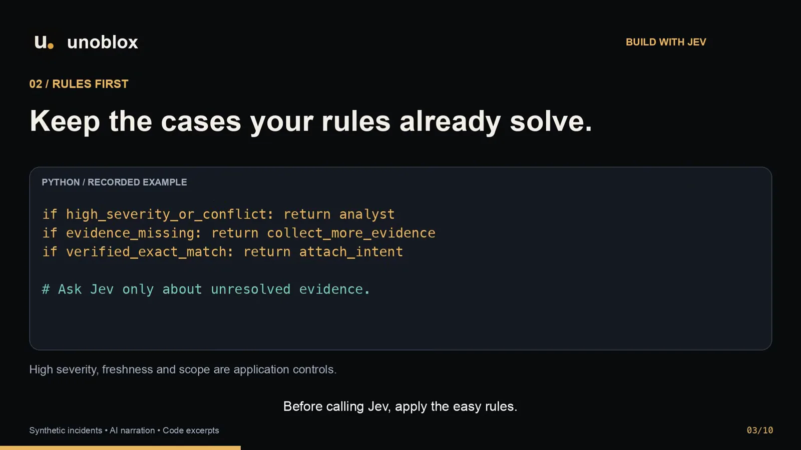 Rules-first gate code sending high severity or conflicting evidence straight to an analyst and reserving Jev for unresolved evidence only Rules-first gate code sending high severity or conflicting evidence straight to an analyst and reserving Jev for unresolved evidence only