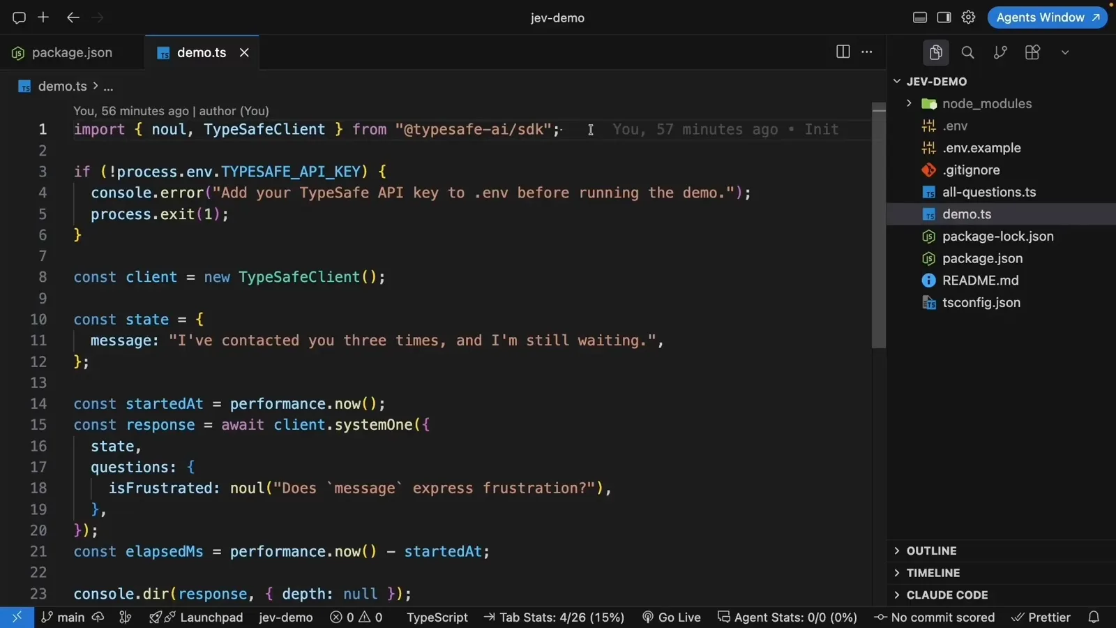 TypeScript demo.ts importing noul and TypeSafeClient from @typesafe-ai/sdk and asking isFrustrated noul does message express frustration over a customer message state.