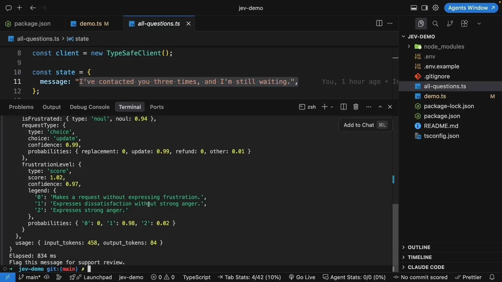 Jev terminal response returning choice an upgrade at confidence 0.99 and score 1.02 at confidence 0.97 alongside the noul answer, finishing in 834 milliseconds for 495 input tokens.