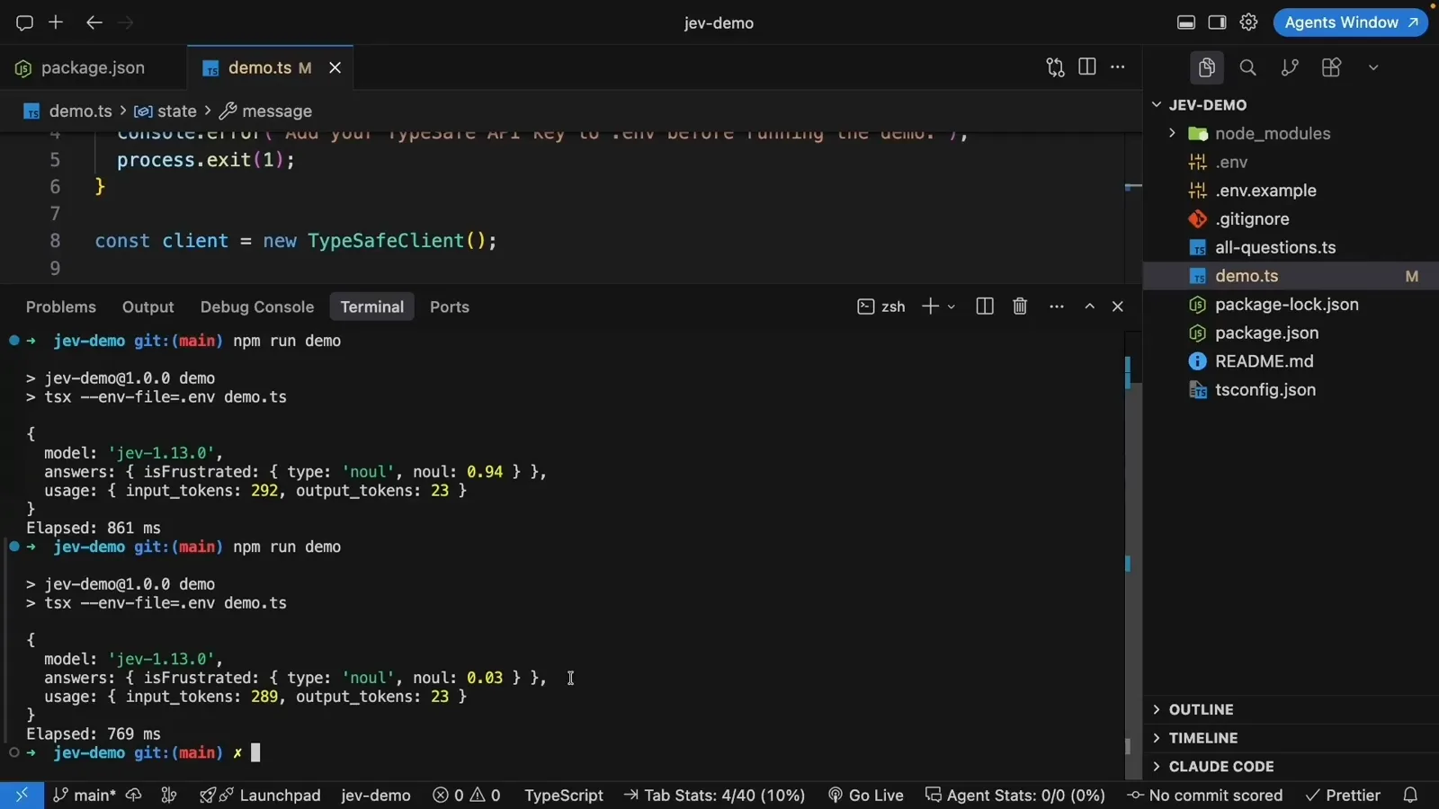 npm run demo terminal output showing jev-1.13.0 return isFrustrated noul 0.94 for the angry message and 0.03 after swapping to a friendly one, with token usage and elapsed time.