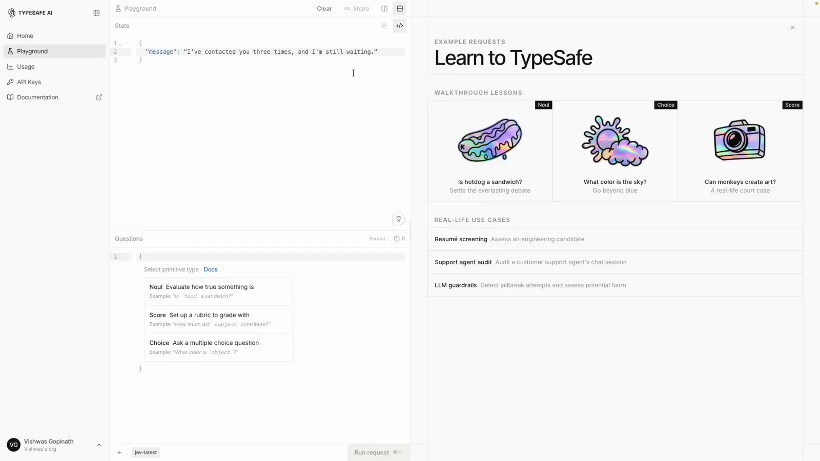 TypeSafe AI console playground with the state message, a primitive picker listing Noul, Score, and Choice questions, and Learn to TypeSafe walkthrough lessons plus resume screening, support agent audit, and LLM guardrails use cases.