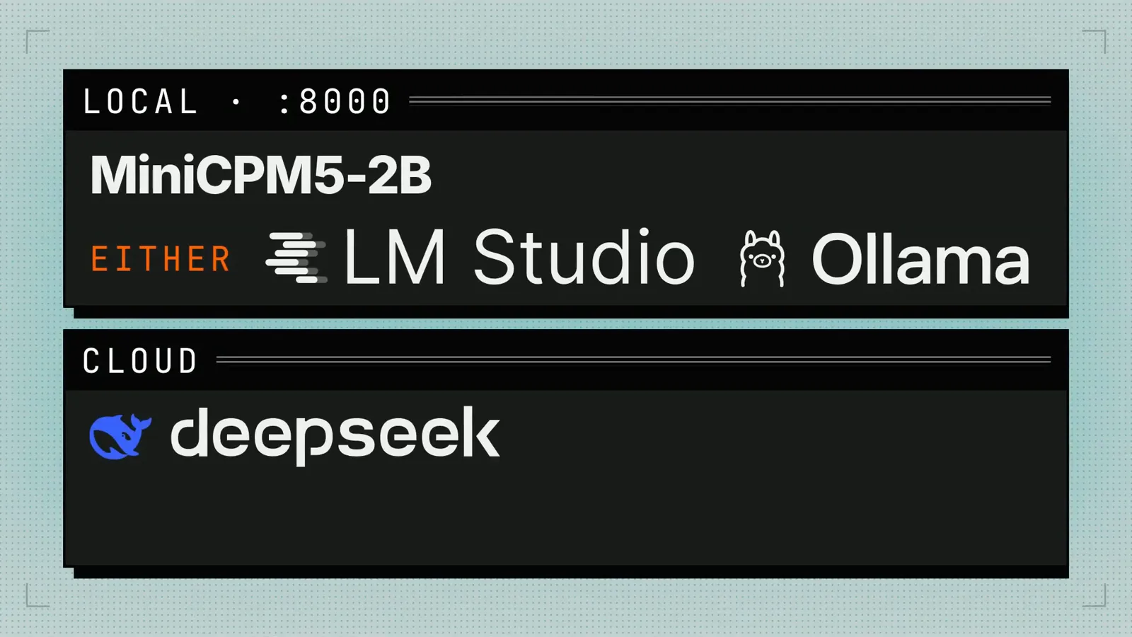 Jev model router slide listing the two starting lanes: MiniCPM5-2B served locally on port 8000 via LM Studio or Ollama, and DeepSeek in the cloud for complex code.