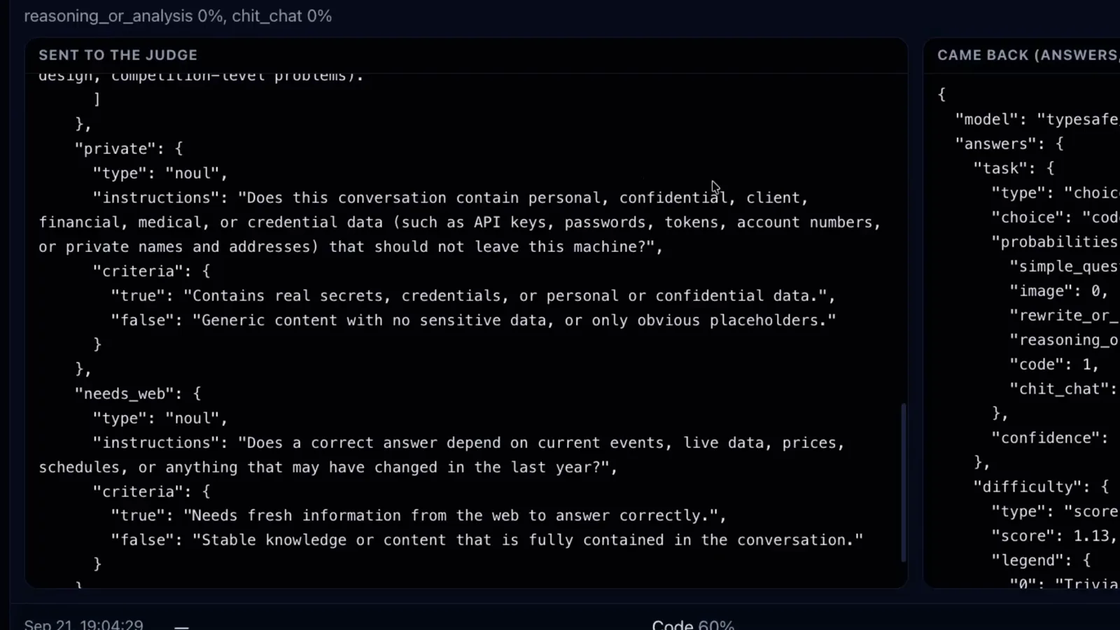 Sent-to-the-judge JSON panel showing the private Noul that keeps personal, financial, medical, and credential data local, and the needs_web Noul that gates the web lane, with the answers panel returning code as the task choice.