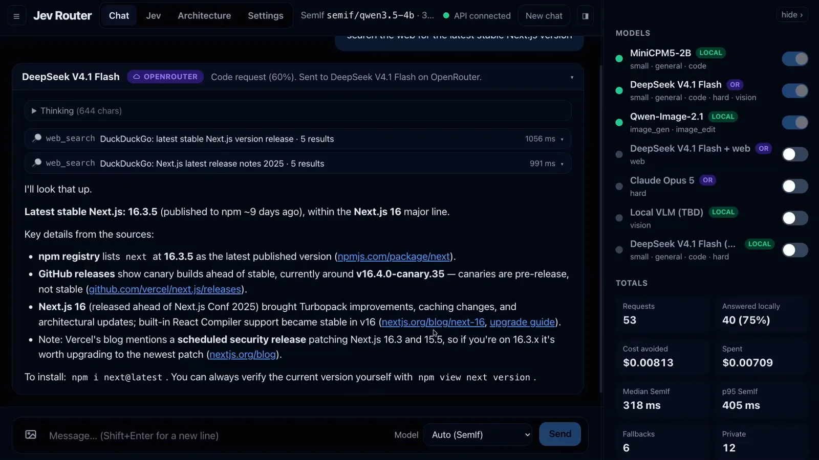 Jev Router totals card showing 53 requests with 40 answered locally at 75 percent, cost avoided 0.00813 dollars against 0.00709 spent, median Semif judge at 318ms, next to a DeepSeek web-search answer citing npm and GitHub sources.